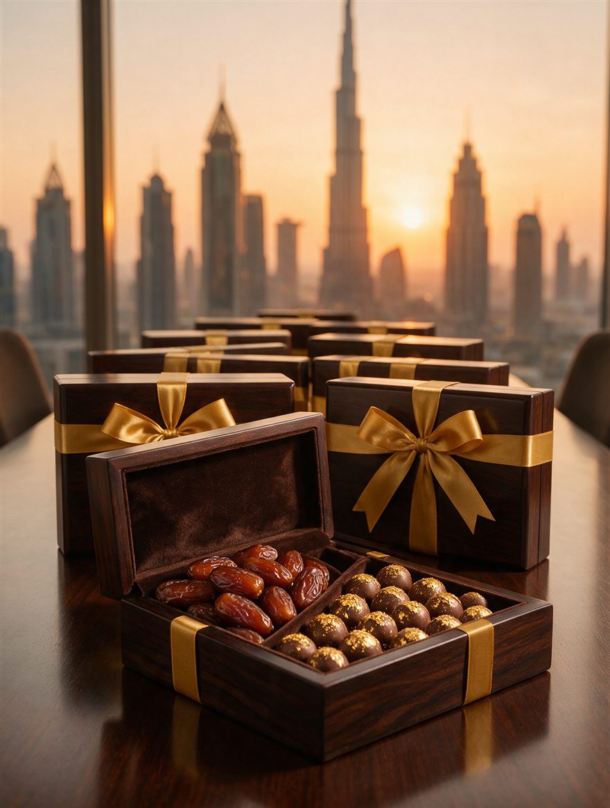 A row of Dubai Fine Foods corporate gift boxes with gold ribbons, one open to show dates and chocolates, the Dubai skyline at dusk behind